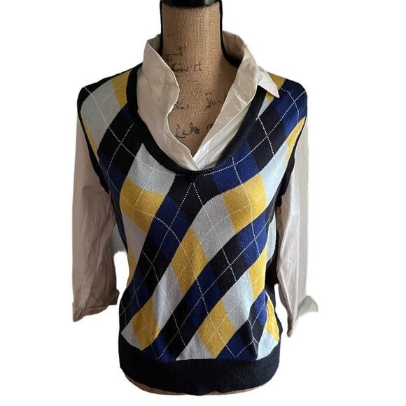 90s Vintage NY&Co Argyle Sweater Shirt Medium Faux Layered Y2K Preppy Academia - Picture 16 of 16